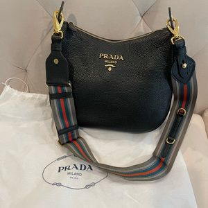 Prada Black Vitello Phenix Leather Web Stripe Strap Crossbody